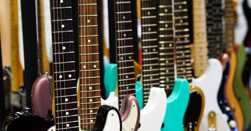 A vibrant row of electric guitars showcased in a music store setting.