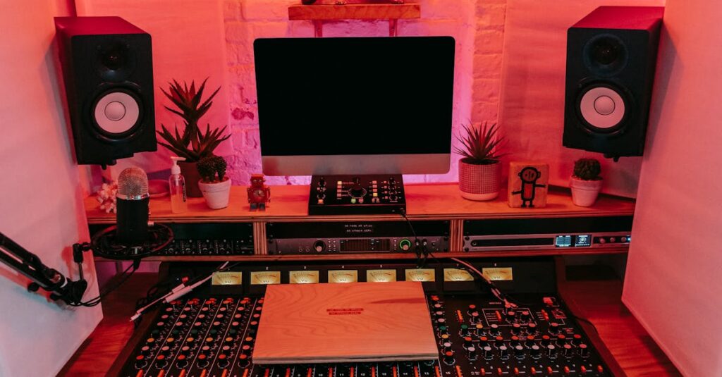 A vibrant music production studio showcasing a mixing console, speakers, and computer display.