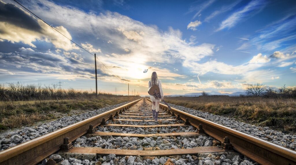 rail, girl, composing